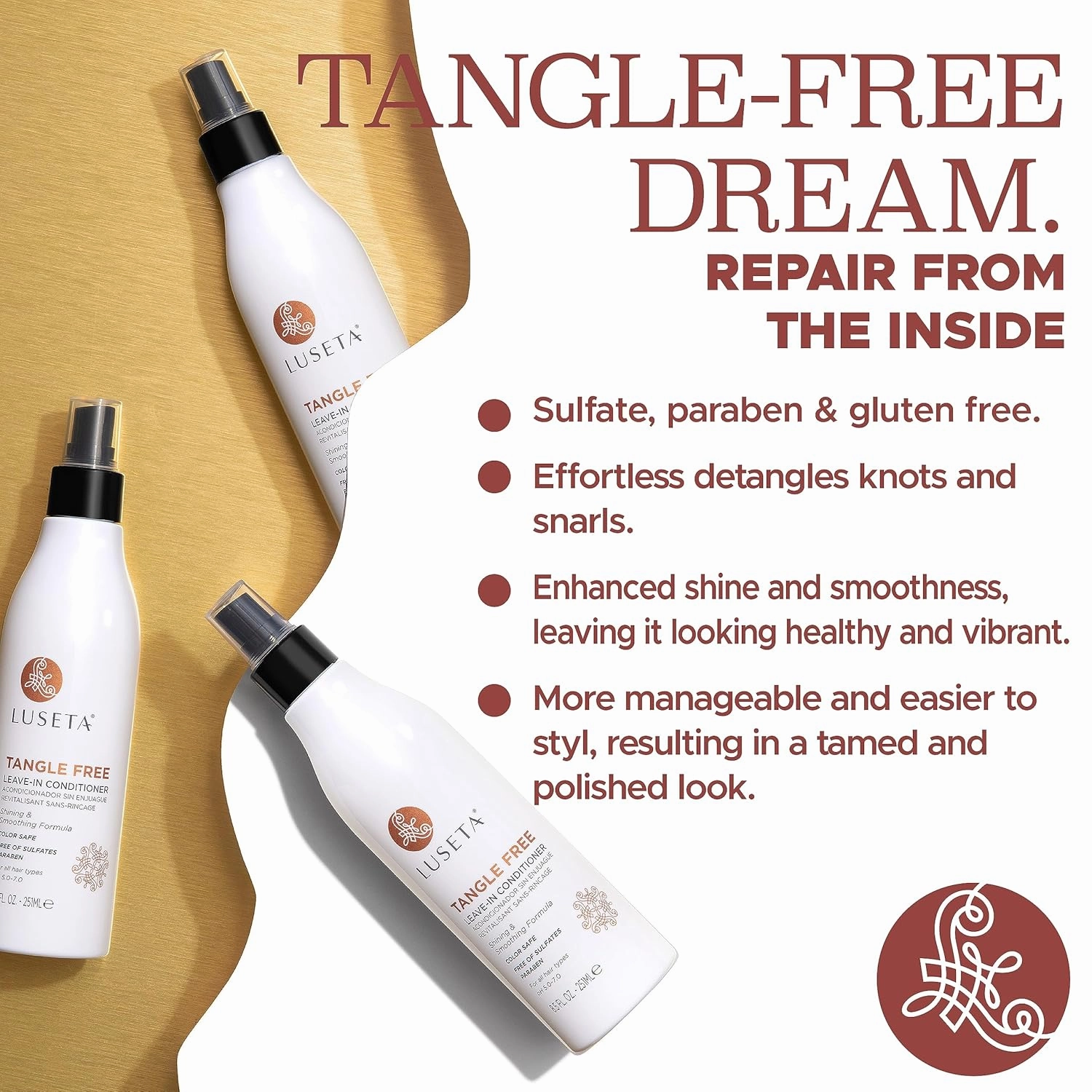 Luseta Tangle Free Leave-in Conditioner for Women Sulfate Free Conditioner for Detangling with Keratin and Argan Oil, Color Safe Leave in Conditioner for Curly and Wavy Hair 8.5oz