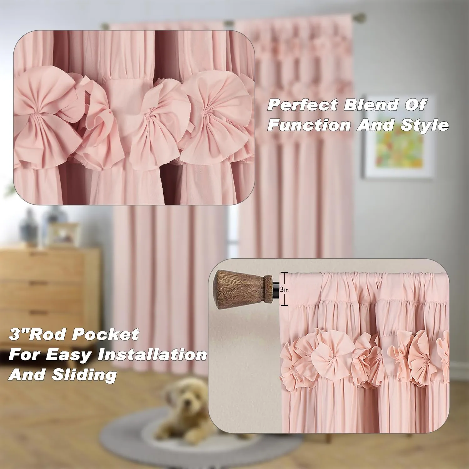 Luxurious Peach Pink Blackout Curtains with 3 Rows of Handmade Butterfly Flower Ruffles, Room Darkening and Soundproof Window Curtain 54" x 84", 2 Panels, Machine Washable (LQ-37)