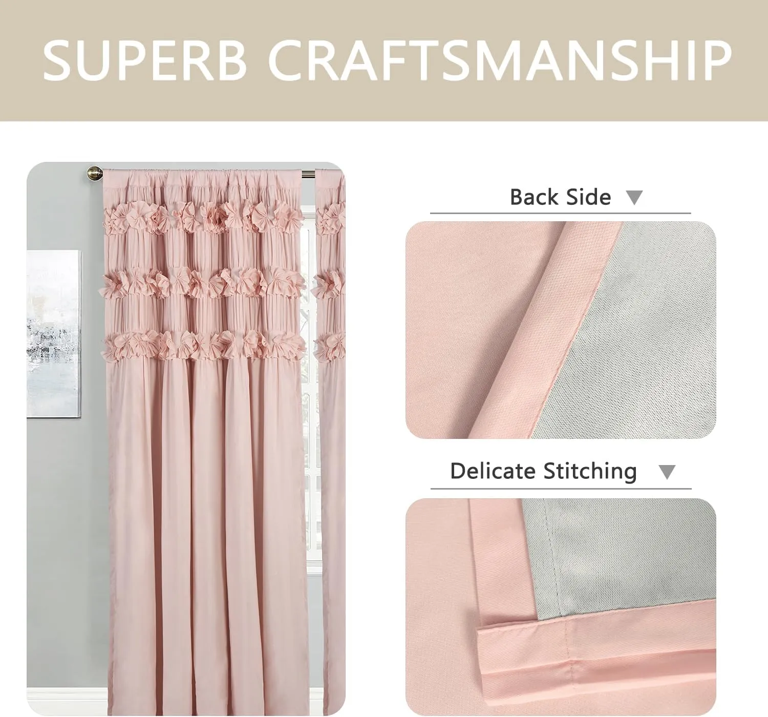 Luxurious Peach Pink Blackout Curtains with 3 Rows of Handmade Butterfly Flower Ruffles, Room Darkening and Soundproof Window Curtain 54" x 84", 2 Panels, Machine Washable (LQ-37)