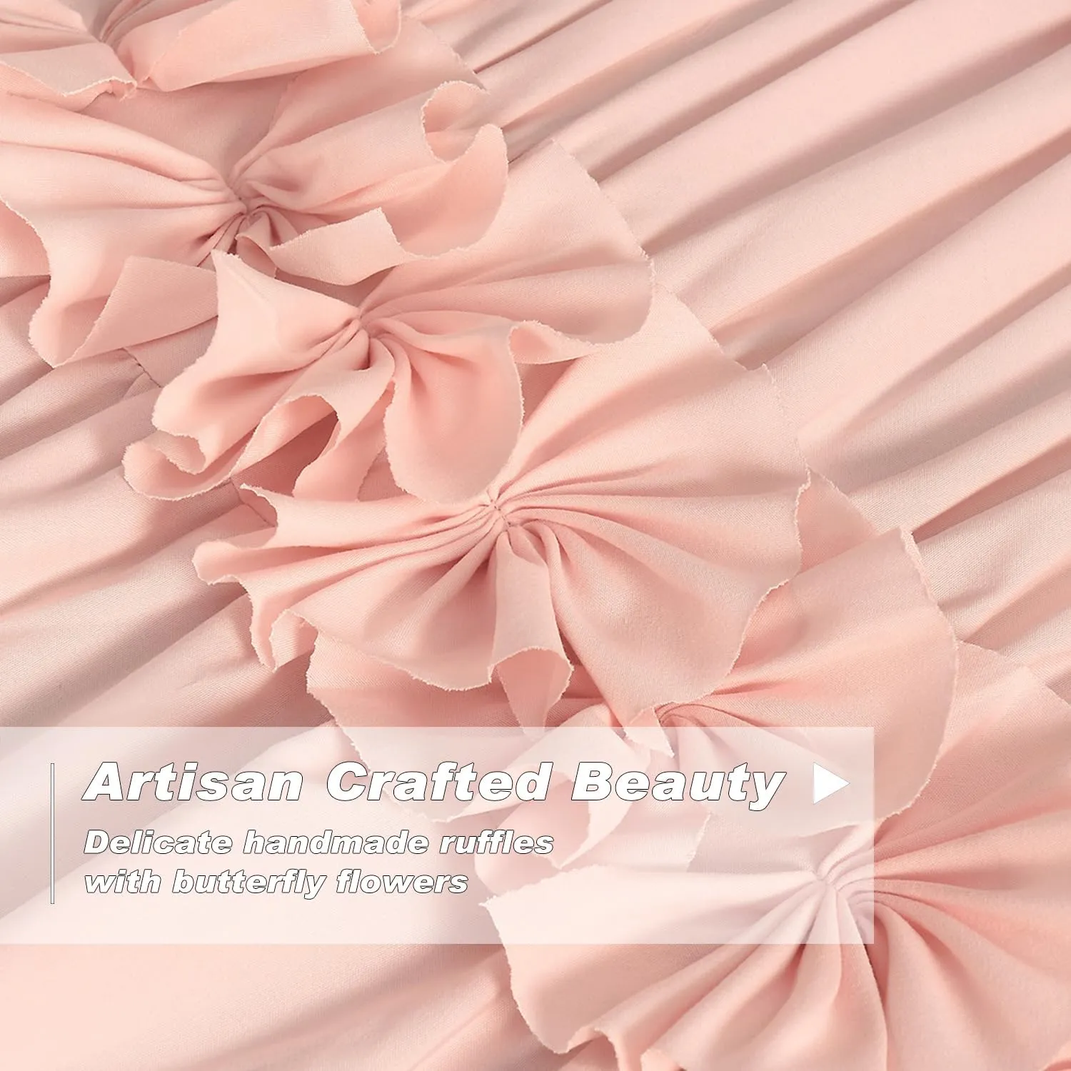 Luxurious Peach Pink Blackout Curtains with 3 Rows of Handmade Butterfly Flower Ruffles, Room Darkening and Soundproof Window Curtain 54" x 84", 2 Panels, Machine Washable (LQ-37)