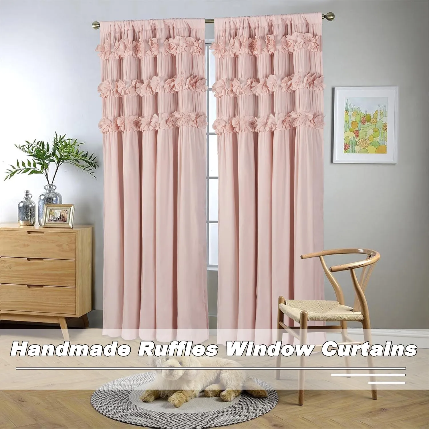 Luxurious Peach Pink Blackout Curtains with 3 Rows of Handmade Butterfly Flower Ruffles, Room Darkening and Soundproof Window Curtain 54" x 84", 2 Panels, Machine Washable (LQ-37)