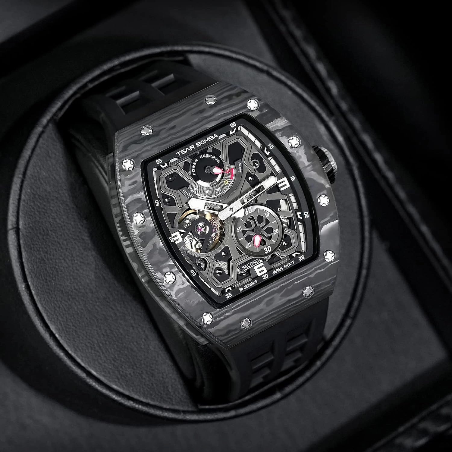 Luxury Automatic Watches for Men - Carbon Fiber/Ceramic Bezel - Japanese Movement Sapphire Glass - 50M Waterproof Square Men's Wrist Watch - Power Reserve Indicate