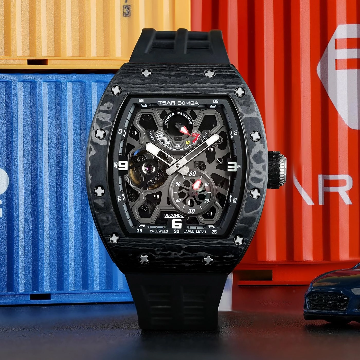 Luxury Automatic Watches for Men - Carbon Fiber/Ceramic Bezel - Japanese Movement Sapphire Glass - 50M Waterproof Square Men's Wrist Watch - Power Reserve Indicate