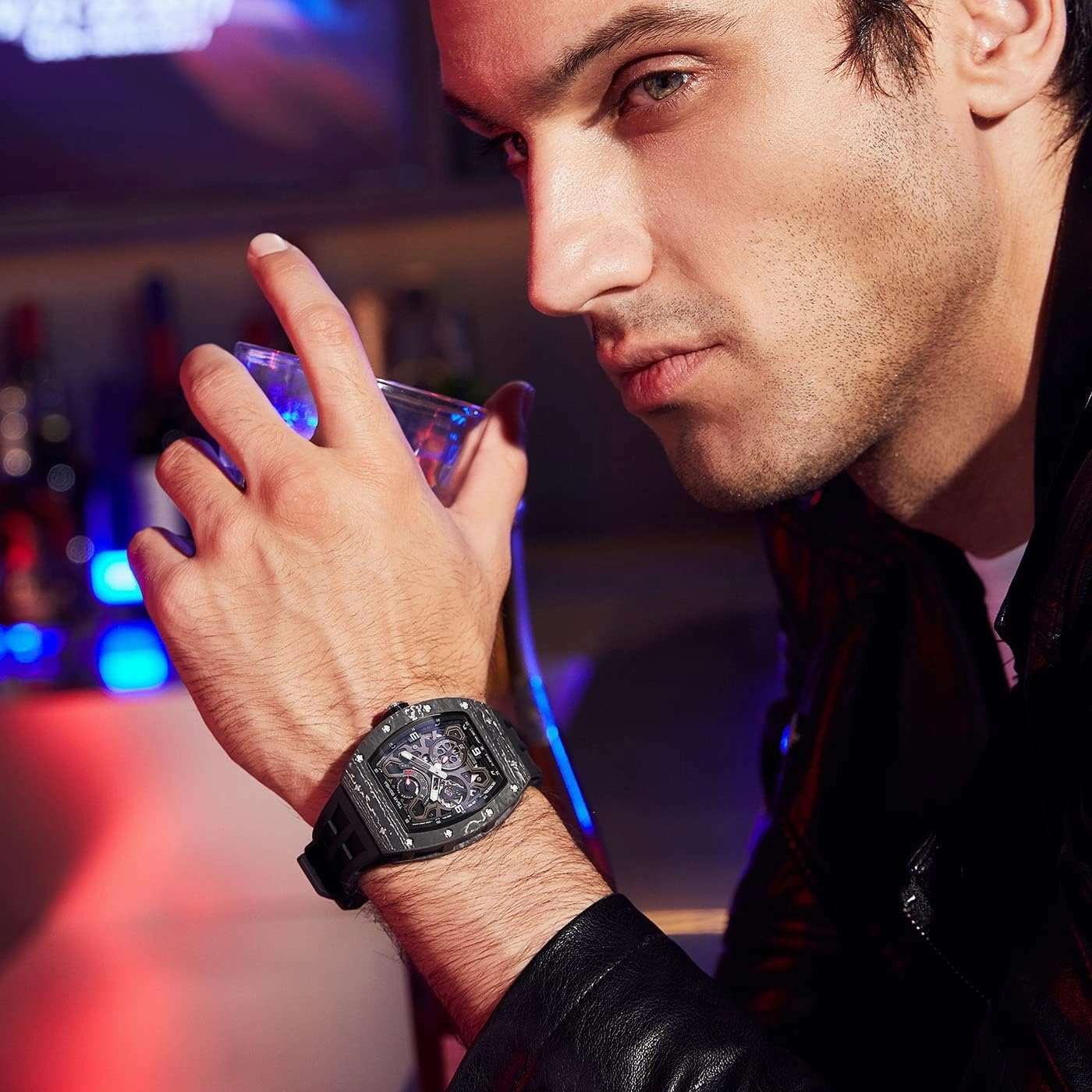 Luxury Automatic Watches for Men - Carbon Fiber/Ceramic Bezel - Japanese Movement Sapphire Glass - 50M Waterproof Square Men's Wrist Watch - Power Reserve Indicate