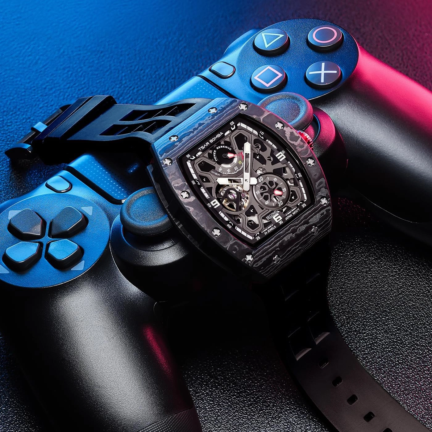 Luxury Automatic Watches for Men - Carbon Fiber/Ceramic Bezel - Japanese Movement Sapphire Glass - 50M Waterproof Square Men's Wrist Watch - Power Reserve Indicate