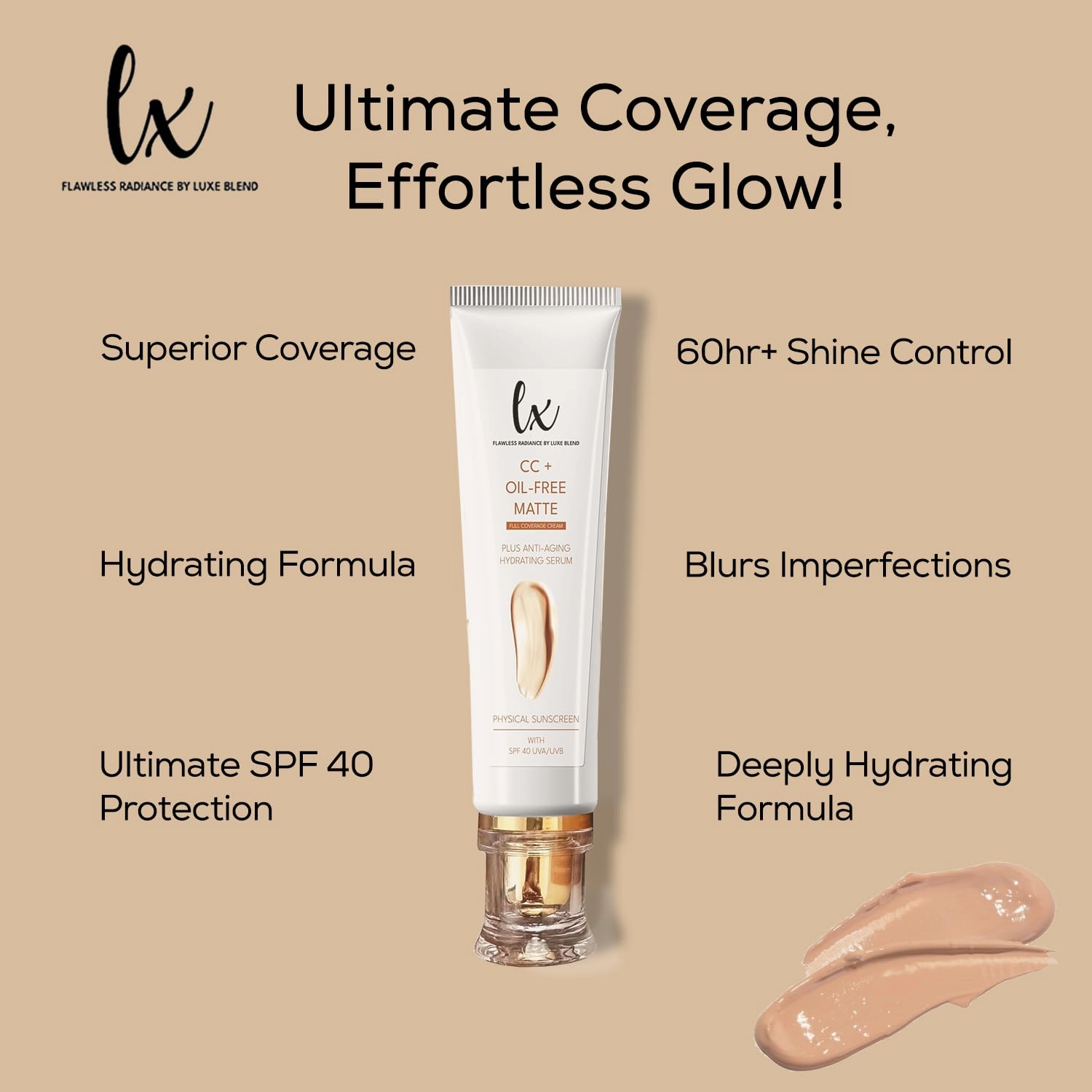 Lx Blend CC  Cream | Oil-Free Matte Foundation with SPF 40 | Full Coverage, Anti-Aging, Long-Wear Hydrating Makeup for Oily Skin | Fragrance-Free, Shine Control, 1.08 FL OZ