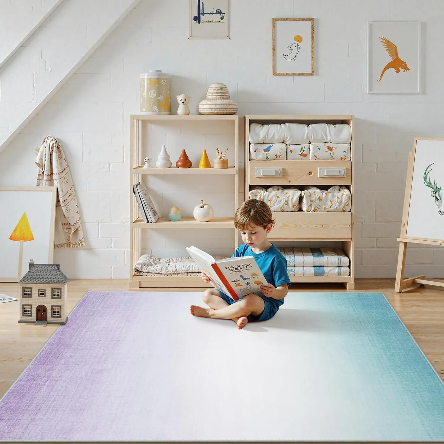Machine Washable 5x7 Area Rugs for Living Room Ombre, Non Slip Purple Soft Low Pile Abstract Modern Cute Girls Rugs for Bedroom Indoor, Large Carpet Playroom Nusrery Kids Dining Office Room Rugs