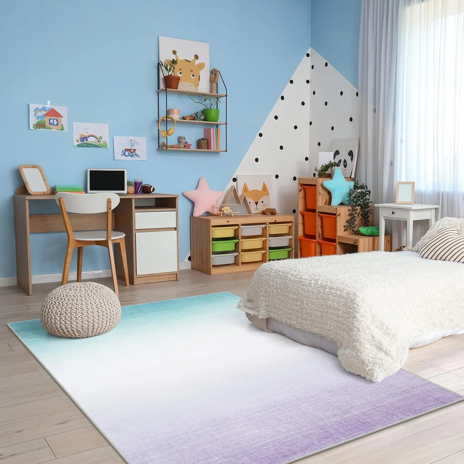 Machine Washable 5x7 Area Rugs for Living Room Ombre, Non Slip Purple Soft Low Pile Abstract Modern Cute Girls Rugs for Bedroom Indoor, Large Carpet Playroom Nusrery Kids Dining Office Room Rugs