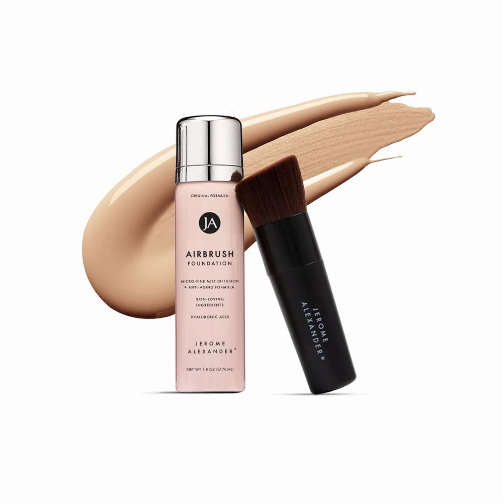 MagicMinerals AirBrush Foundation by Jerome Alexander – 2pc Set with Airbrush Foundation and Kabuki Brush - Spray Makeup with Anti-aging Ingredients for Smooth Radiant Skin - Bright Medium