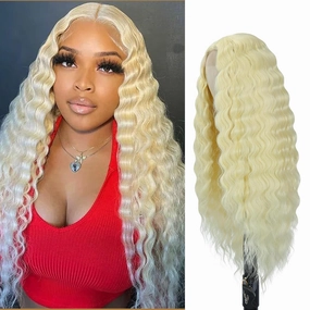 Mairead 28inch Long Curly Synthetic Lace Front Wigs 613# Blonde Deep Wave Synthetic Wigs for Black Women 4" Simulated Scalp Natural Crimps Curls Heat Resistant Fiber Hair Wigs for Daily Party