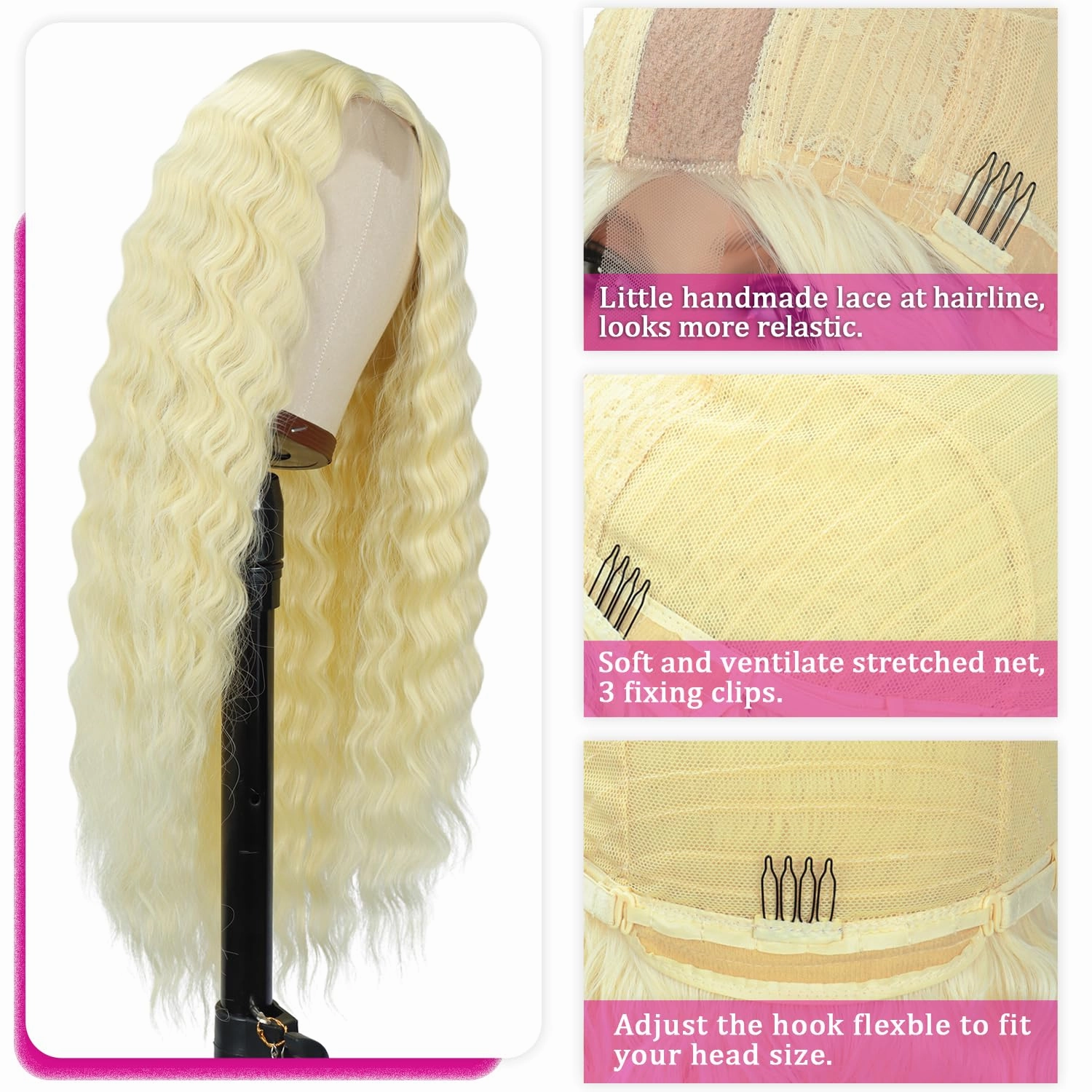 Mairead 28inch Long Curly Synthetic Lace Front Wigs 613# Blonde Deep Wave Synthetic Wigs for Black Women 4" Simulated Scalp Natural Crimps Curls Heat Resistant Fiber Hair Wigs for Daily Party