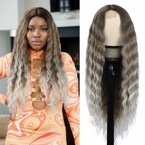 Mairead Long Curly Synthetic Wigs 28 Inch Curly Wigs for Black Women Loose Deep Wave Ash Blonde Lace Front Wig 4" Simulated Scalp Middle Part Natural Crimps Curls Hair Replacement Wigs