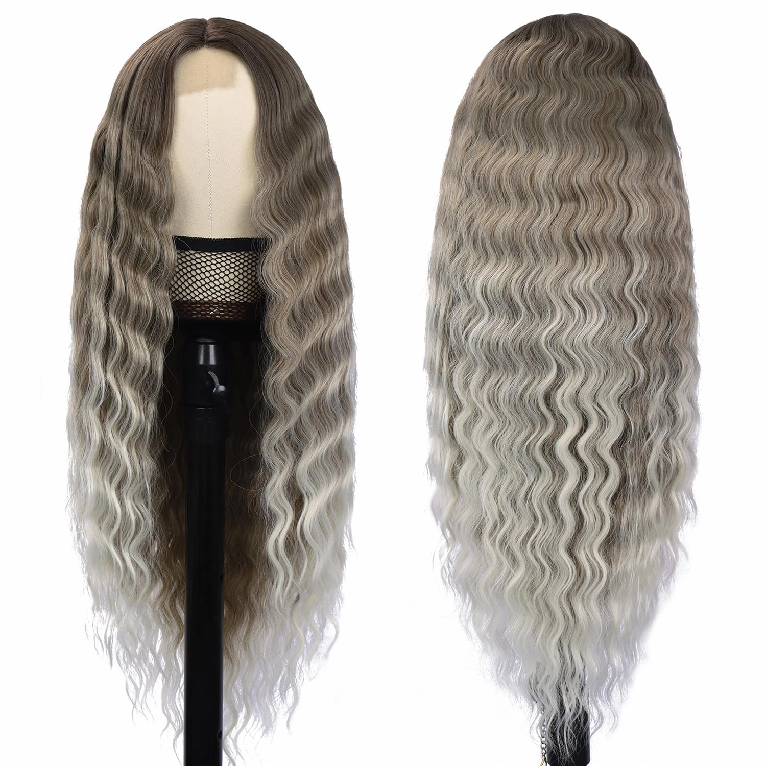 Mairead Long Curly Synthetic Wigs 28 Inch Curly Wigs for Black Women Loose Deep Wave Ash Blonde Lace Front Wig 4" Simulated Scalp Middle Part Natural Crimps Curls Hair Replacement Wigs