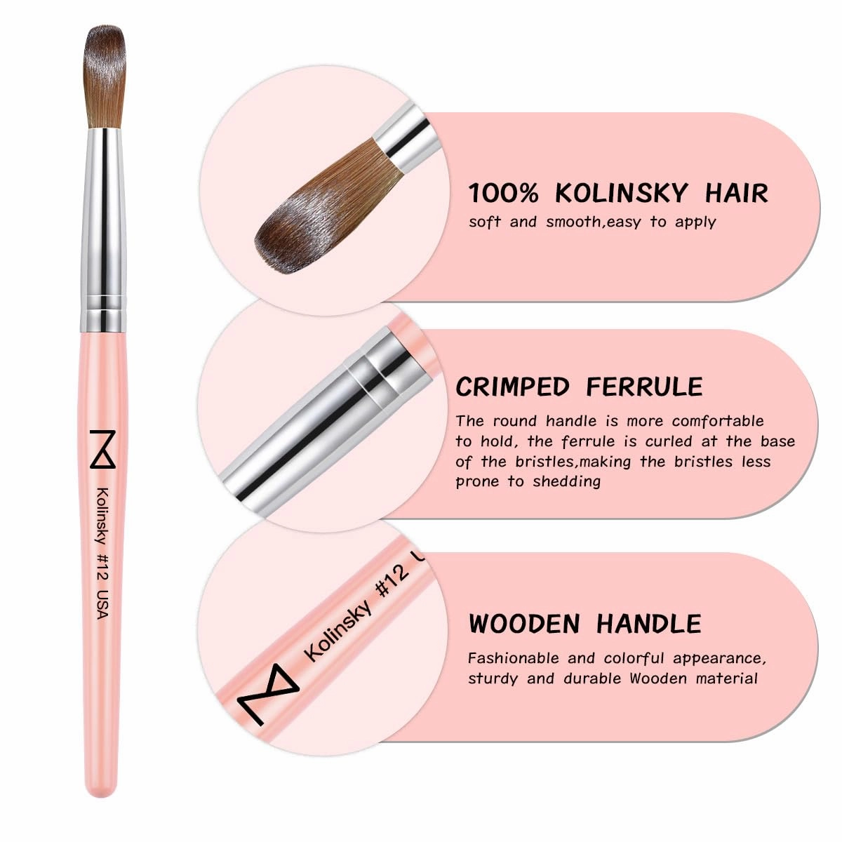 Majesti Pink Acrylic Nail Brush - Professional 100% Kolinsky Nail Brush for Acrylic Application - Handcrafted Nail Tool Supplies - Long Lasting, High-Quality Brush - by M - USA (Size #12)