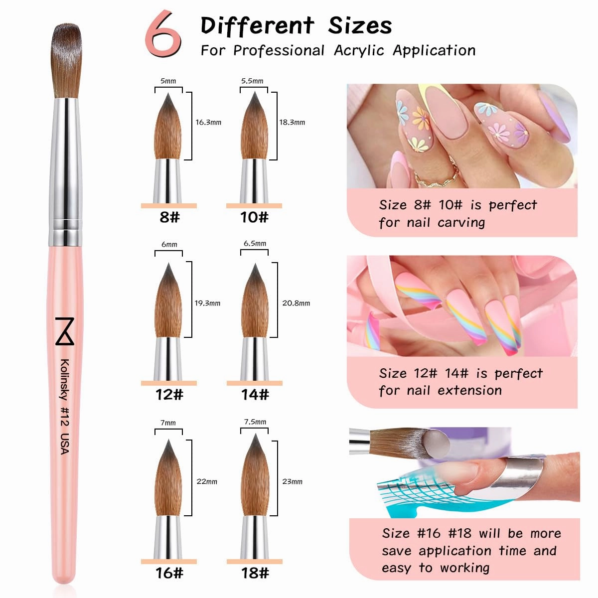 Majesti Pink Acrylic Nail Brush - Professional 100% Kolinsky Nail Brush for Acrylic Application - Handcrafted Nail Tool Supplies - Long Lasting, High-Quality Brush - by M - USA (Size #12)