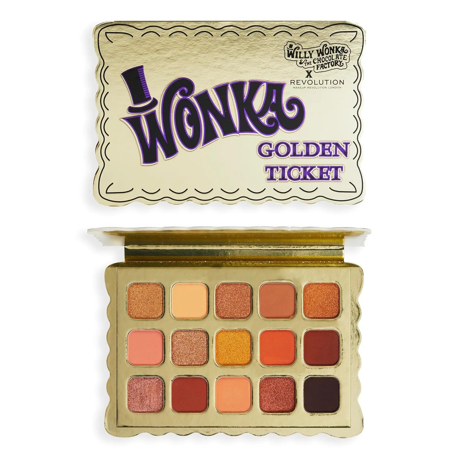 Makeup Revolution X Willy Wonka, Golden Ticket Palette, 15 Eyeshadow Shades Included, Matte & Shimmer Finishes, 15 x 0.04oz