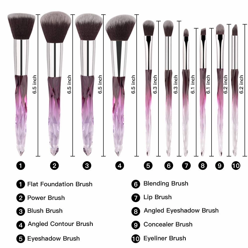 Makeup Brush Set, 10 Piece Makeup Brush Crystal Handle, Advanced Rainbow Color Makeup Brush Set Foundation Mix Eyeshadow Blush Concealer Transparent Handle(Color:Multicolored2)(Purple2)
