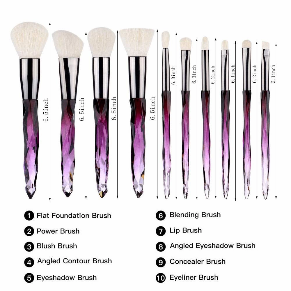 Makeup Brush Set, 10 Piece Makeup Brush Crystal Handle, Advanced Rainbow Color Makeup Brush Set Foundation Mix Eyeshadow Blush Concealer Transparent Handle(Purple1,one size)