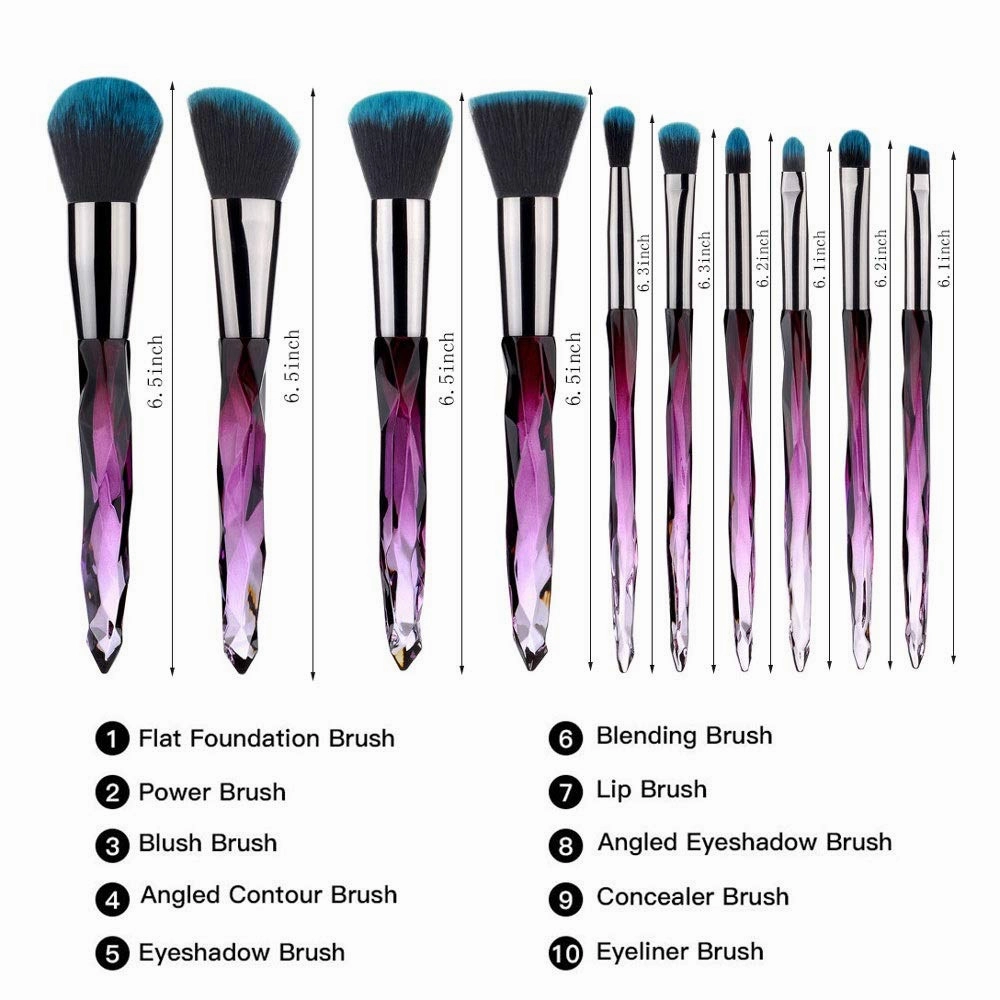 Makeup Brush Set, 10 Piece Makeup Brush Crystal Handle, Advanced Rainbow Color Makeup Brush Set Foundation Mix Eyeshadow Blush Concealer Transparent Handle(Purple3)