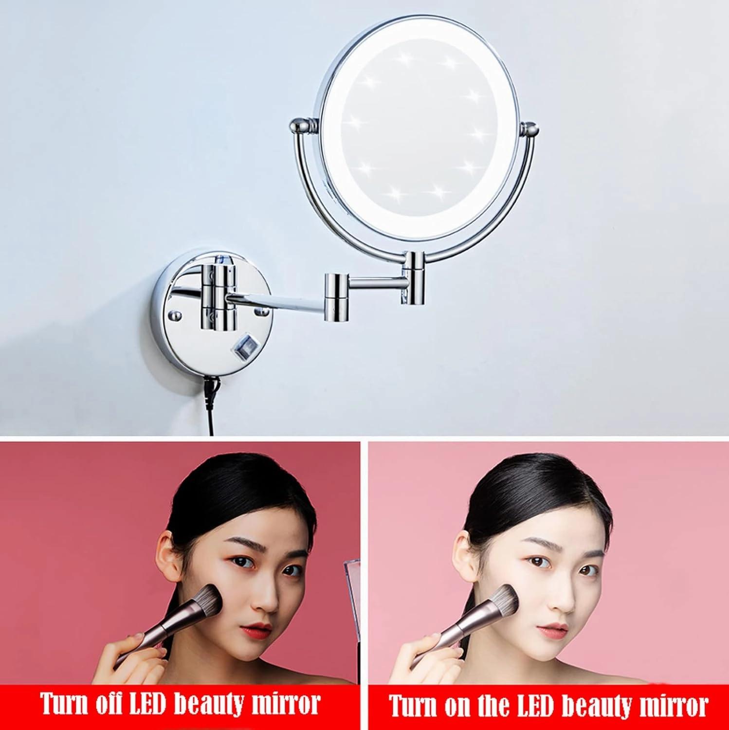 Makeup Mirror Lights Led, Wall Mounted Lighted Makeup Vanity Mirror, Rechargeable Detachable Folding 360 Degree Swivel, for Bedroom Bathroom Hotel