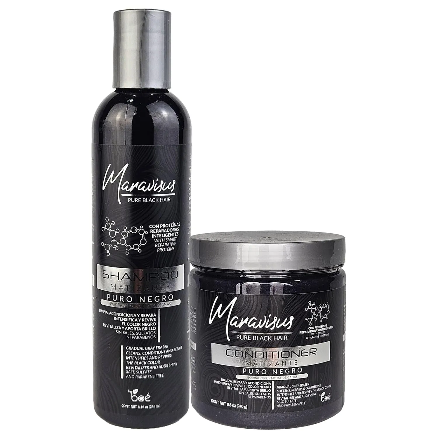 Maravisus Pure Black Hair Shampoo 8.16 oz and Conditioner 8.5 oz Set - Color Reviving Treatment for Black Hair and Gray Coverage - Gradual Gray Eraser, Sulfate-Free, Paraben-Free