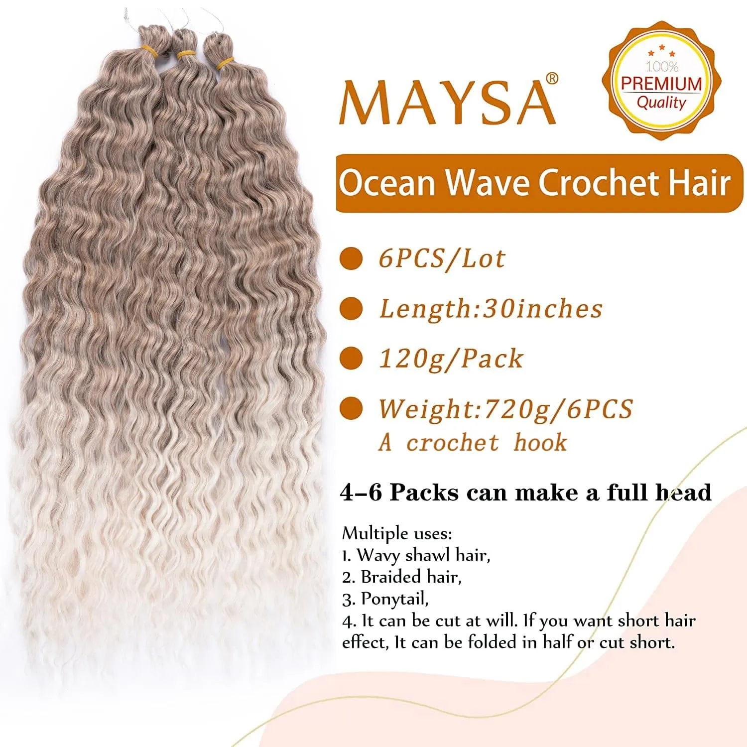 MAYSA Curly Braiding Crochet Hair Synthetic Deep Wave Crochet Hair 30 Inch 6Packs Ocean Wave Hair Extension for Women #10/56c Brown mix Blond