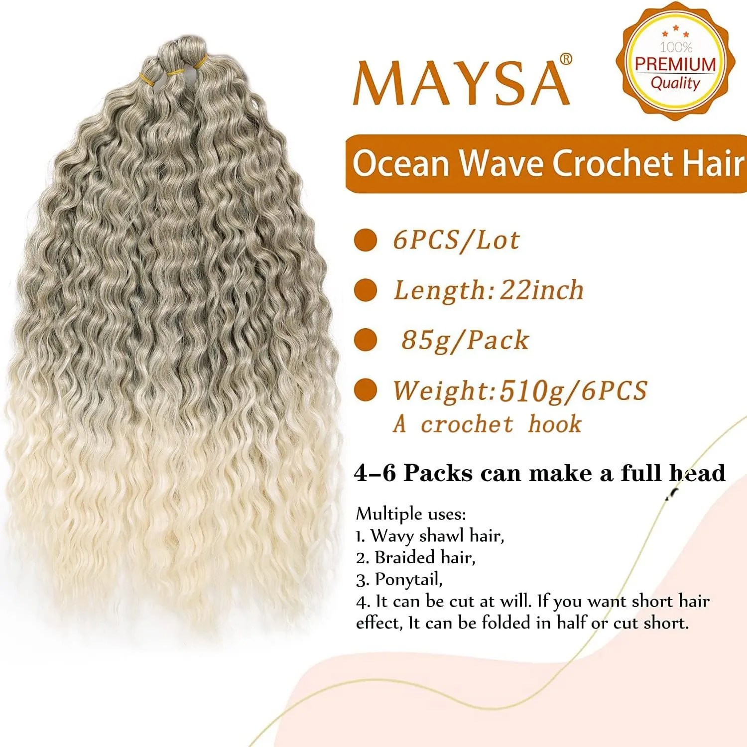 MAYSA Ocean Wave Crochet Hair Extensions, Cyan Brown Curly Braiding Crochet Hair, 22 Inch 6Packs Ombre Crochet Hair Extensions for Women #10/60