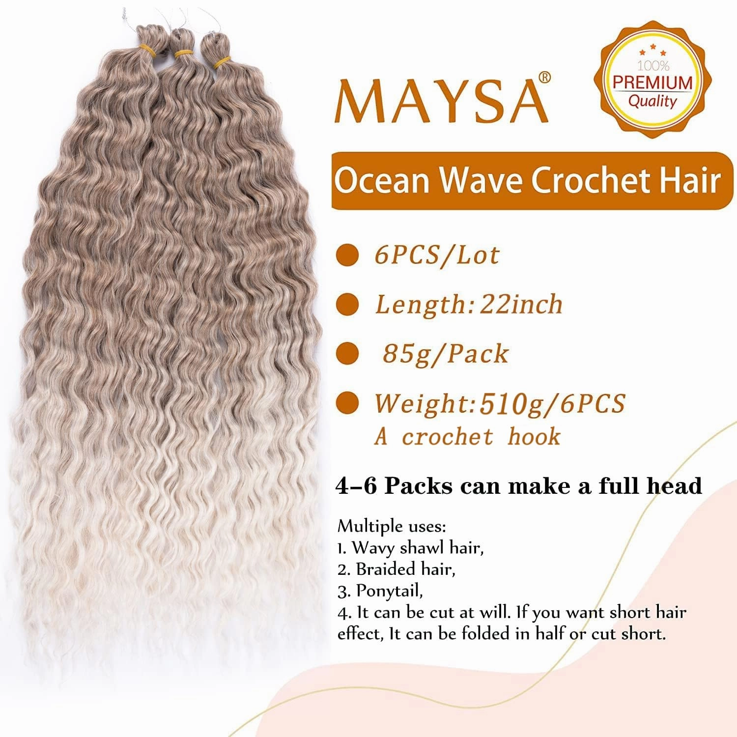 MAYSA Brown Curly Braiding Crochet Hair Extensions Synthetic Ocean Wave Crochet Hair 22inch 6Packs Ombre Crochet Hair Extension for Women #10/56c Brown mix Blond