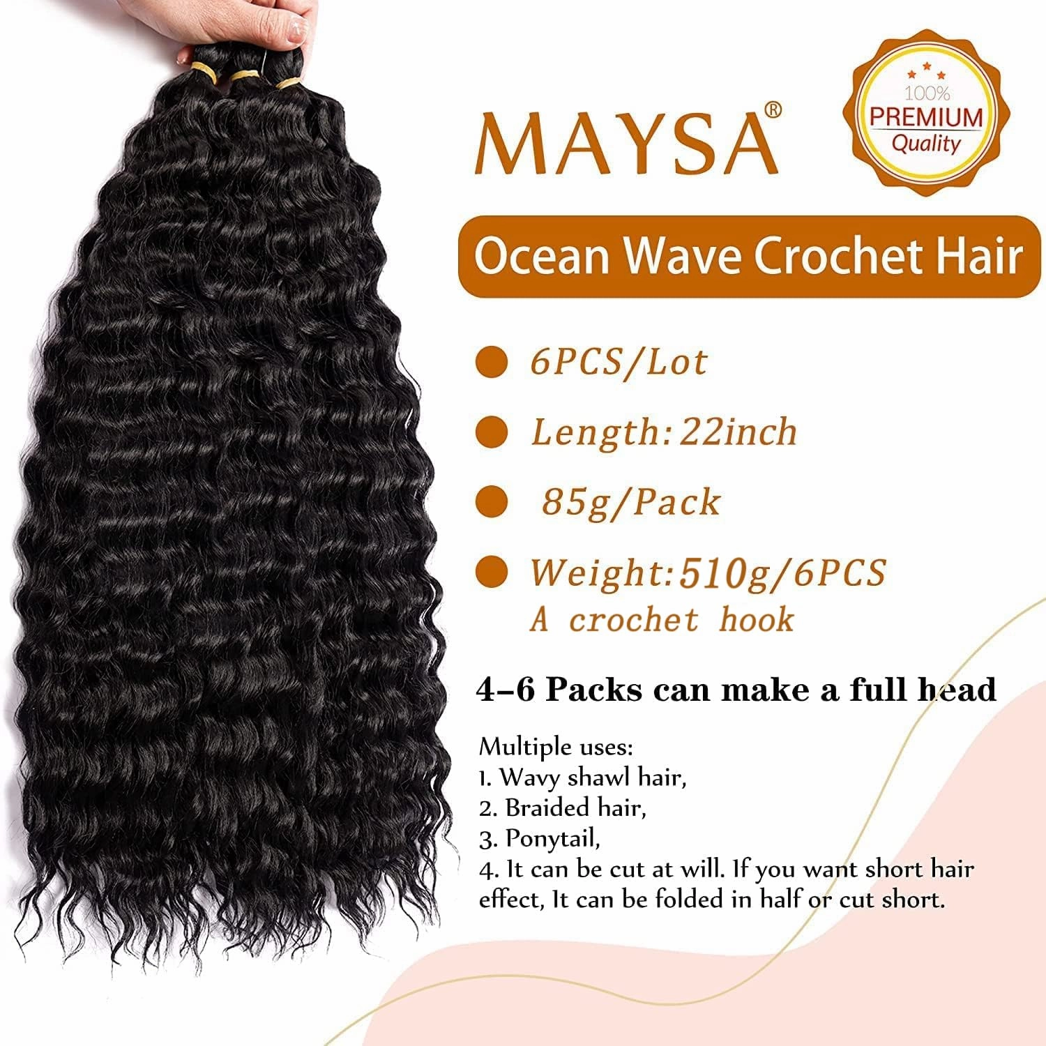 MAYSA Ocean Wave Crochet Hair Extensions 22in Crochet Hair 6Packs Soft Synthetic Braiding Curly Crochet Hair for Women #1B Natural Black