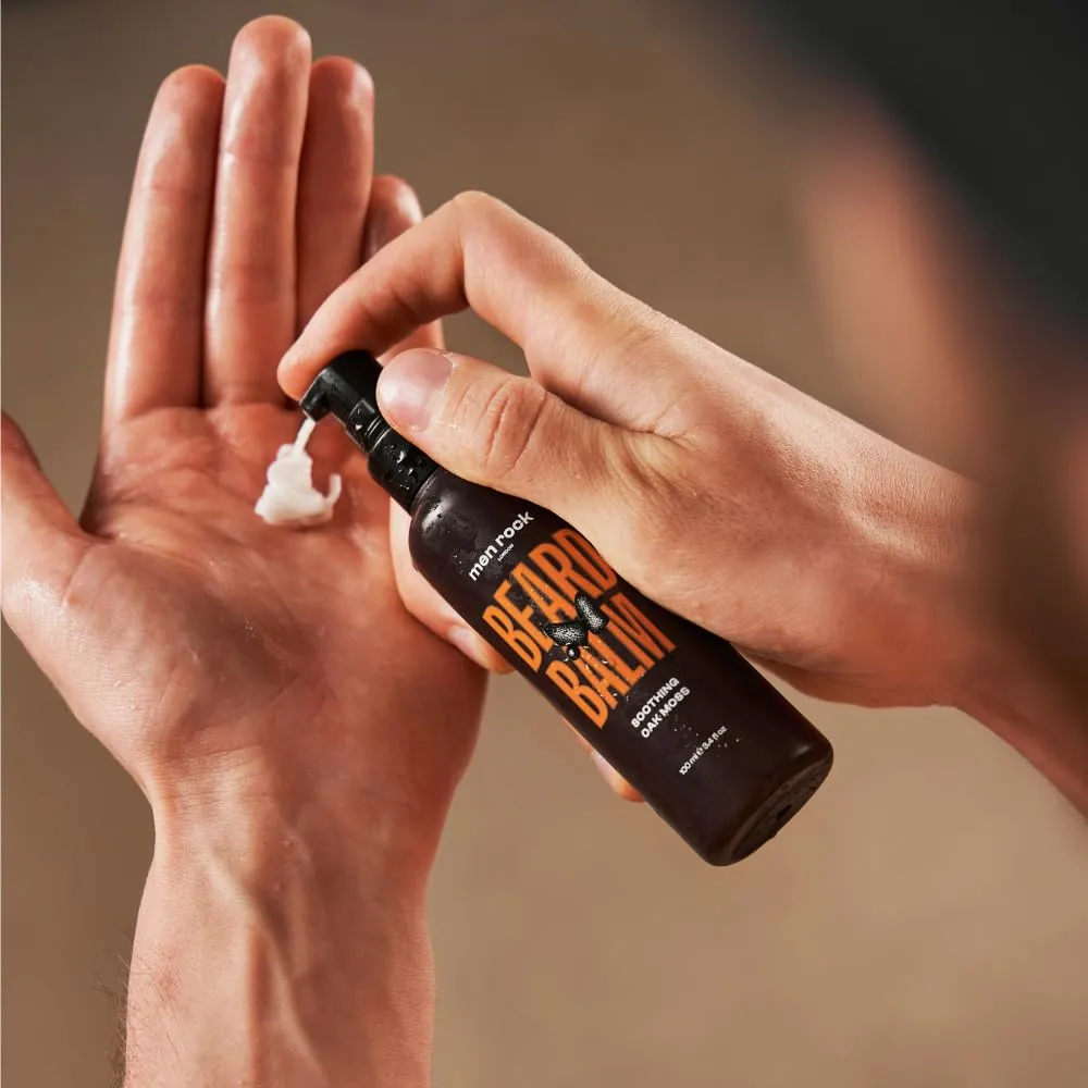 Men Rock Soothing Beard Balm, Perfect as a Leave in Conditioner and Softener, Deeply Conditions Beard Hairs Whilst Hydrating the Skin Underneath, Earthy Oak Moss Fragrance 100ml