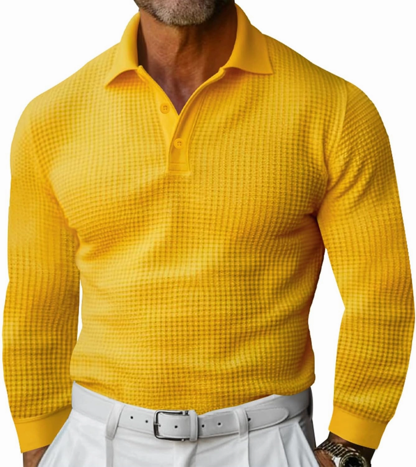 Men's Casual Vacation Solid Golf Shirt Waffle Lapel Long Sleeve Polo Shirts 2024 Fall Lightweight Button Up Tops