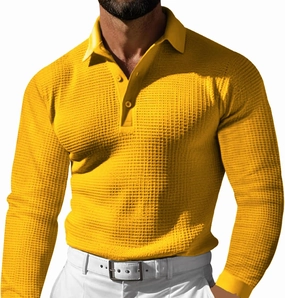 Men's Casual Vacation Solid Golf Shirt Waffle Lapel Long Sleeve Polo Shirts 2024 Fall Lightweight Button Up Tops