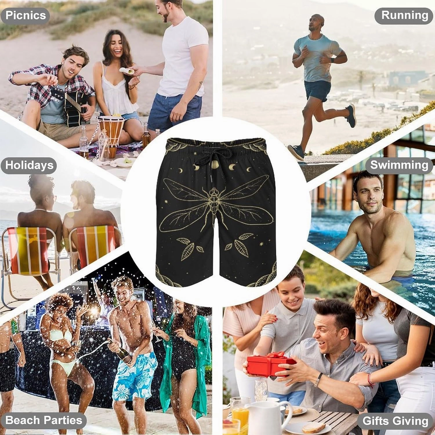 Men's Dragonfly-Moon-print2 Athletic Shorts Drawstring Graphic Shorts,