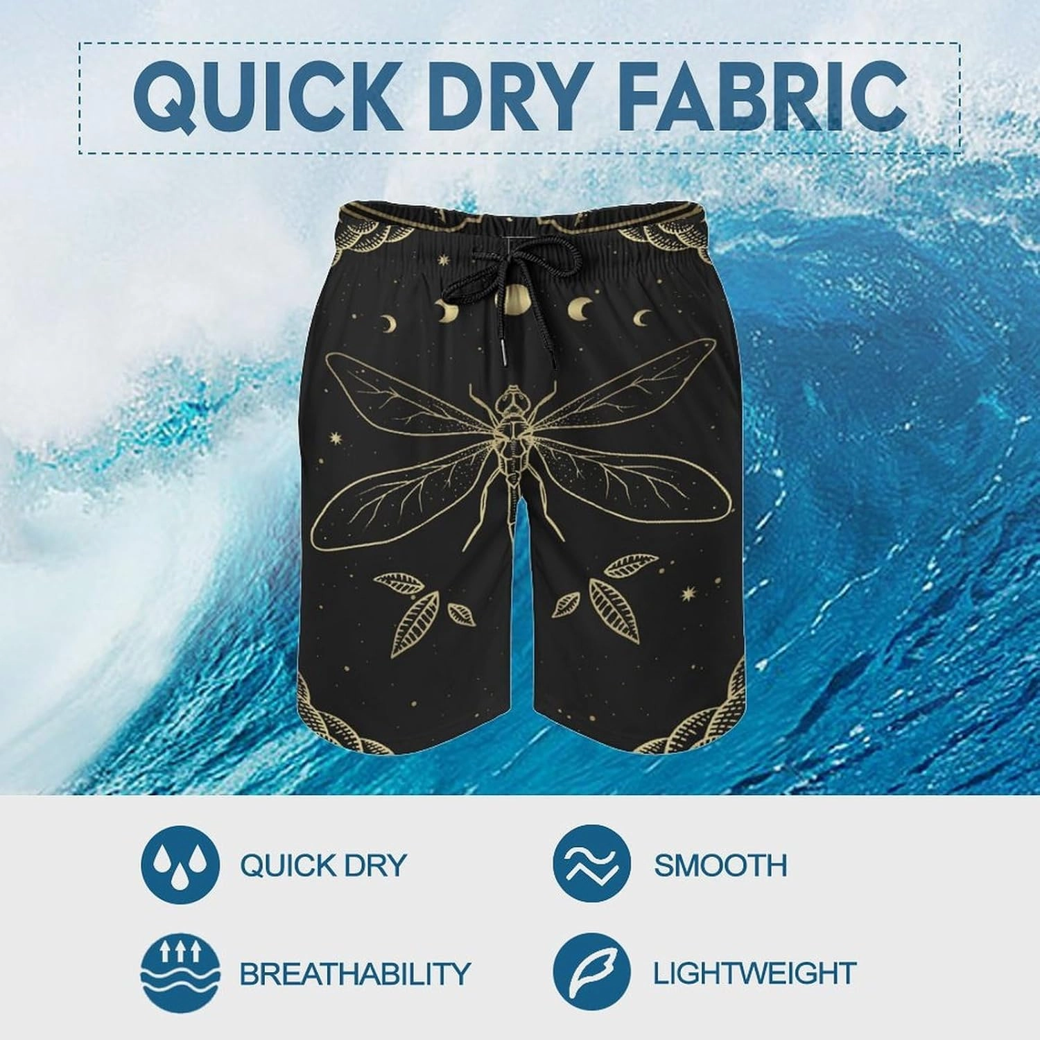 Men's Dragonfly-Moon-print2 Athletic Shorts Drawstring Graphic Shorts,