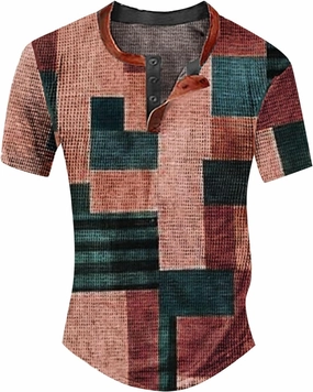 Mens Short Sleeve Henley Shirts Distressed Vintage Color Block Waffle Plaid T-Shirt Slim Fit Golf Polo Shirts for Men