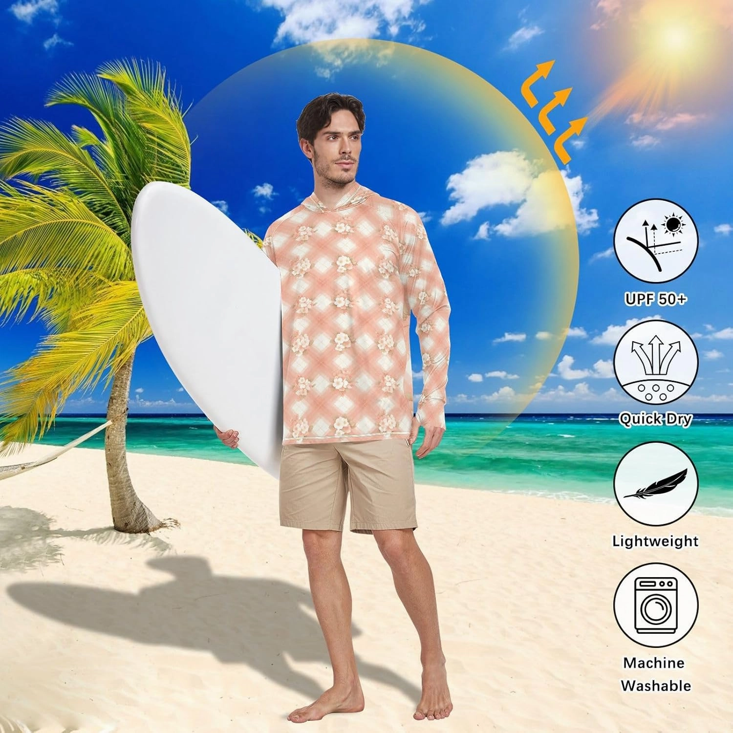 Mens Sun Shirts Protection Long Sleeve UPF 50 Mens Sun Shirt Fishing Shirt Men UV Rash Guards Peach Pink Gingham