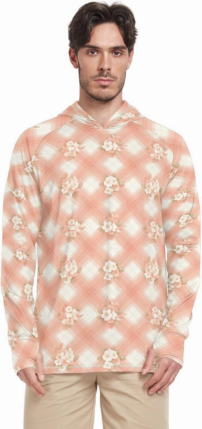 Mens Sun Shirts Protection Long Sleeve UPF 50 Mens Sun Shirt Fishing Shirt Men UV Rash Guards Peach Pink Gingham