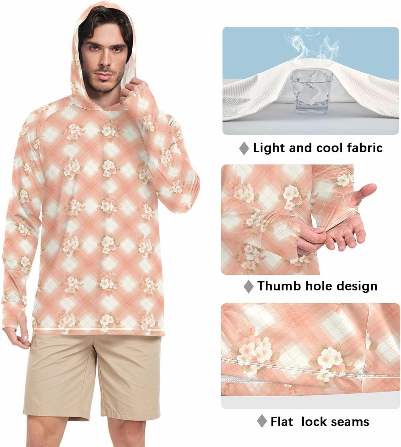Mens Sun Shirts Protection Long Sleeve UPF 50 Mens Sun Shirt Fishing Shirt Men UV Rash Guards Peach Pink Gingham