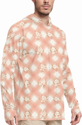 Mens Sun Shirts Protection Long Sleeve UPF 50 Mens Sun Shirt Fishing Shirt Men UV Rash Guards Peach Pink Gingham