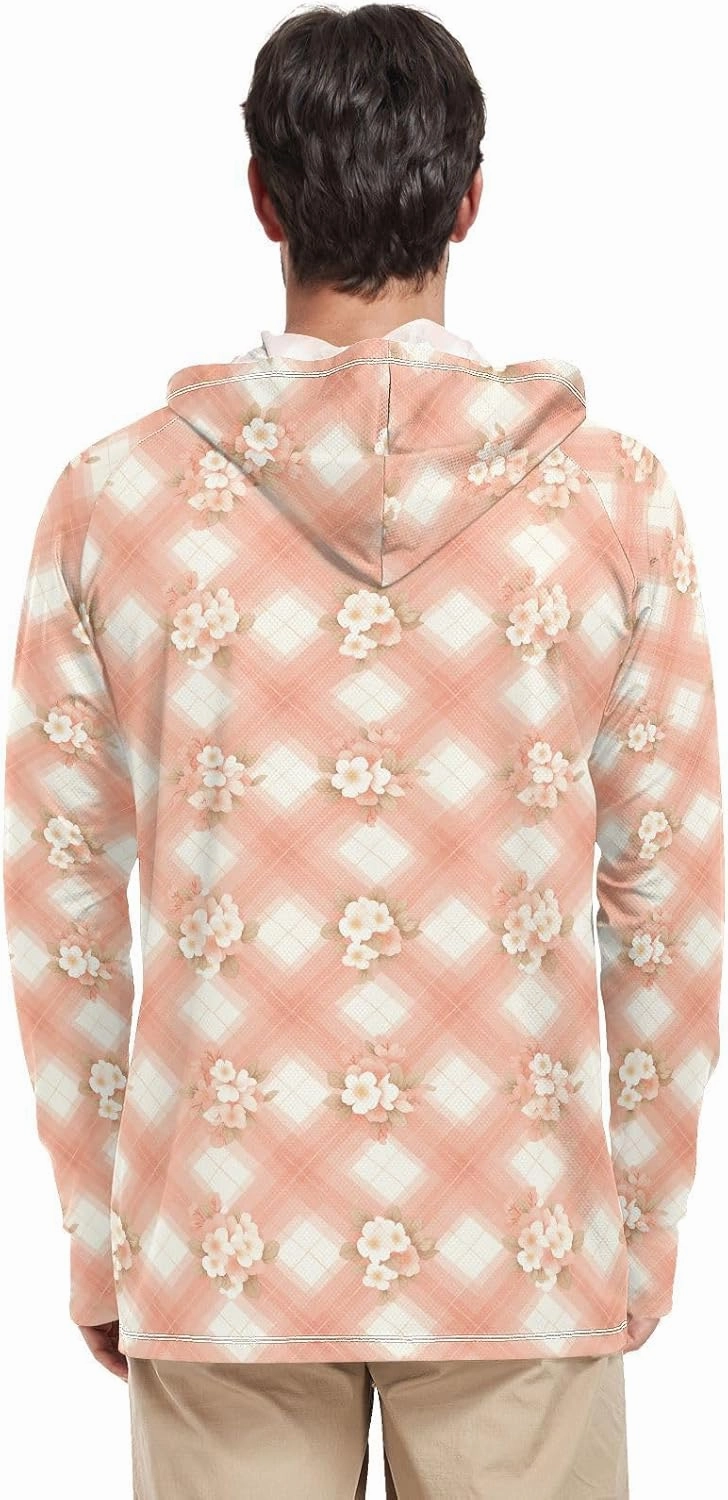 Mens Sun Shirts Protection Long Sleeve UPF 50 Mens Sun Shirt Fishing Shirt Men UV Rash Guards Peach Pink Gingham