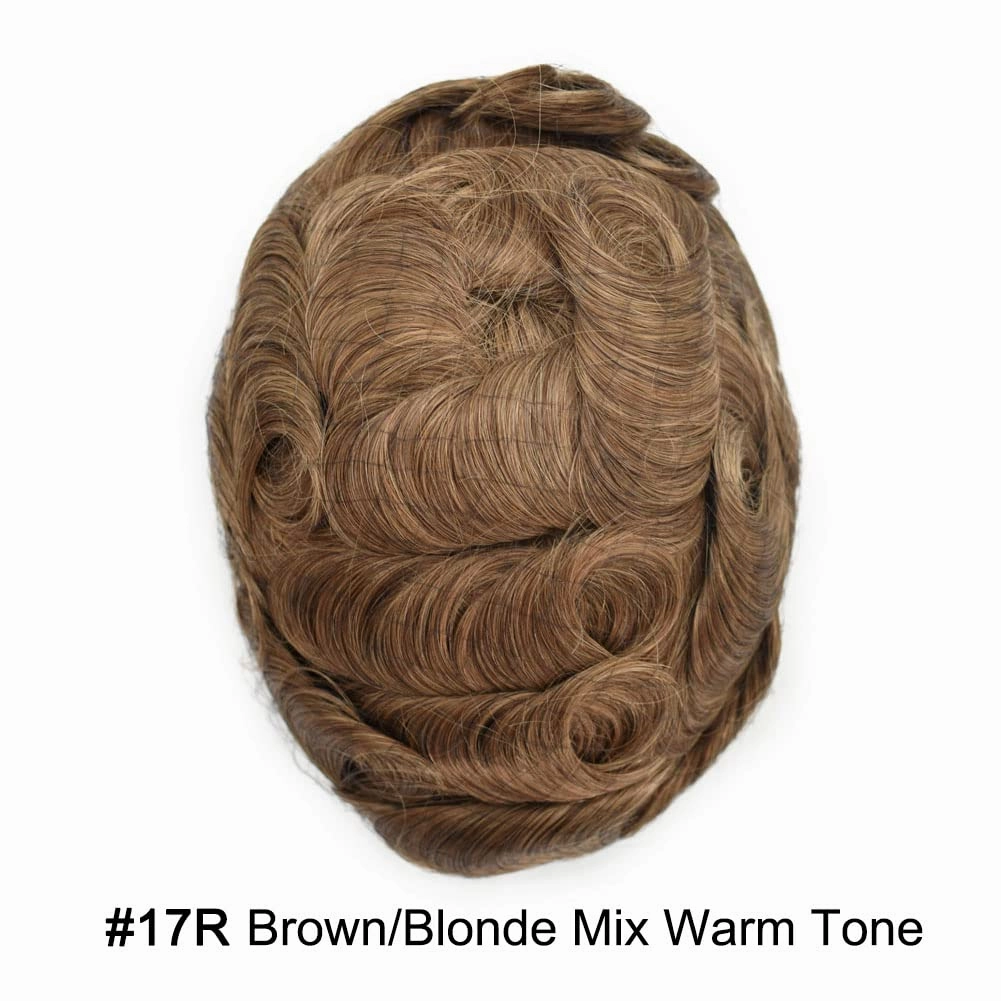Mens Toupee Hair Piece French Lace Toupee For Men Hair Replacement System For Men Hairpiece Natural Hairline 8X10#17R BROWN/BLONDE MIX WARM TONE