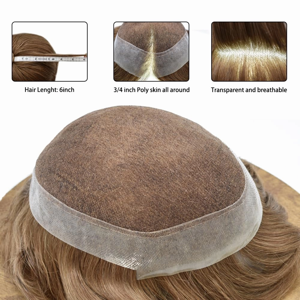 Mens Toupee Hair Piece French Lace Toupee For Men Hair Replacement System For Men Hairpiece Natural Hairline 8X10#17R BROWN/BLONDE MIX WARM TONE