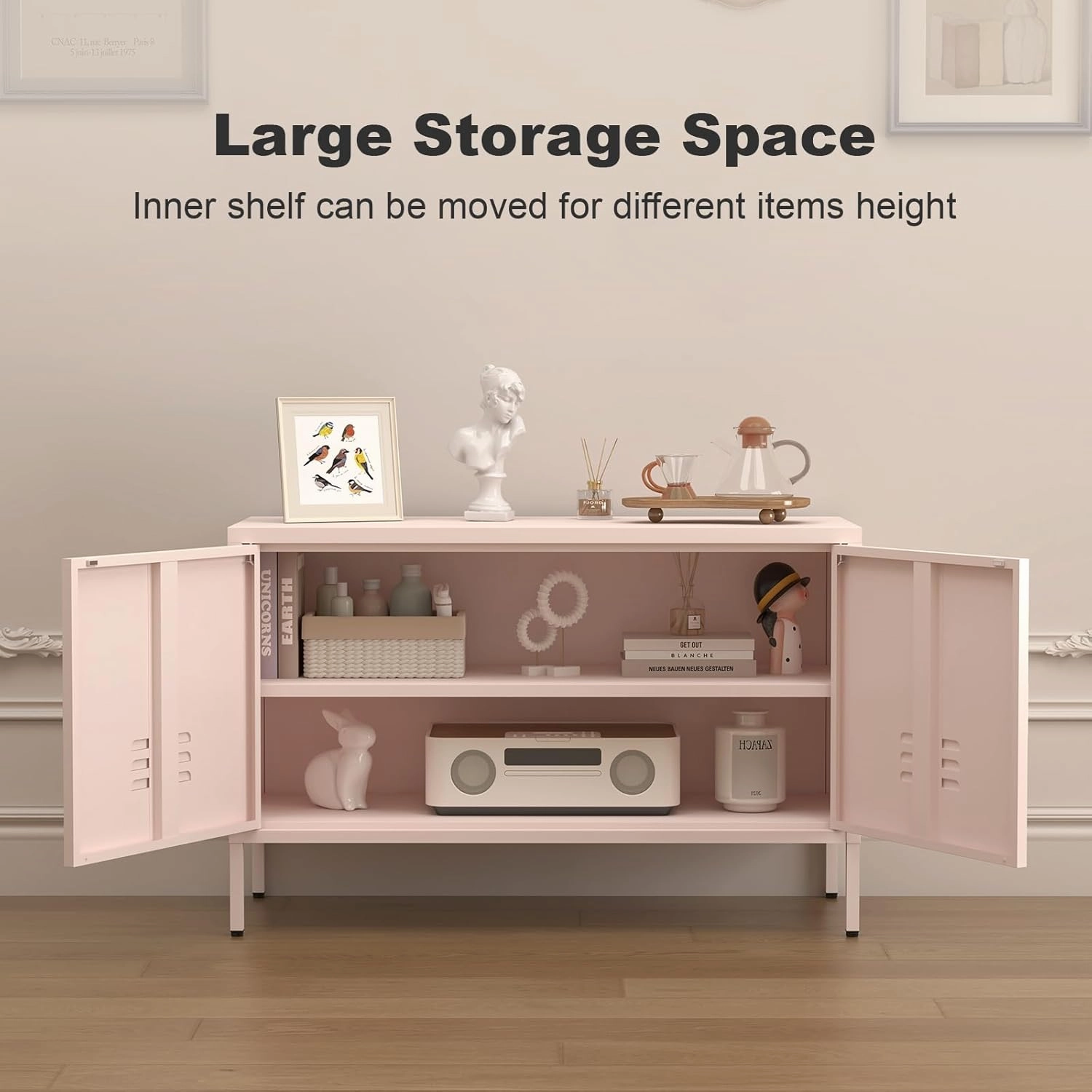 Metal Cabinets,2 Door Cabinet with Adjustable Shelf,Pink Storage Cabinet for Bedroom,Living Room,Pink