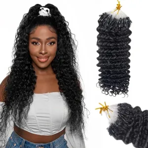 Micro Loop Human Hair Extensions for Black Women Deep Curly Natural Black Real Human Hair Micro Ring Hair Extensions 100 Strands 14 Inches