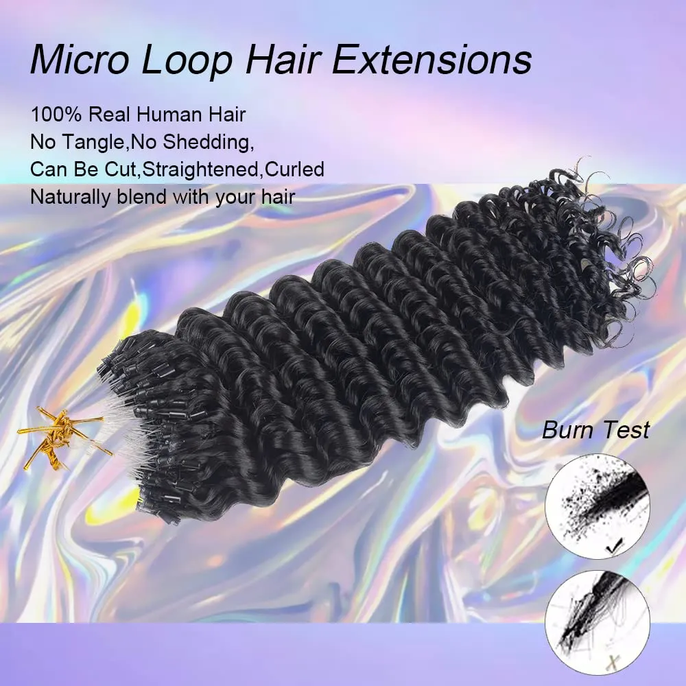 Micro Loop Human Hair Extensions for Black Women Deep Curly Natural Black Real Human Hair Micro Ring Hair Extensions 100 Strands 14 Inches