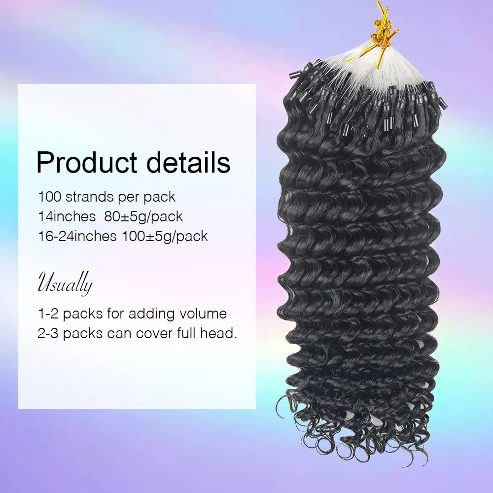 Micro Loop Human Hair Extensions for Black Women Deep Curly Natural Black Real Human Hair Micro Ring Hair Extensions 100 Strands 14 Inches