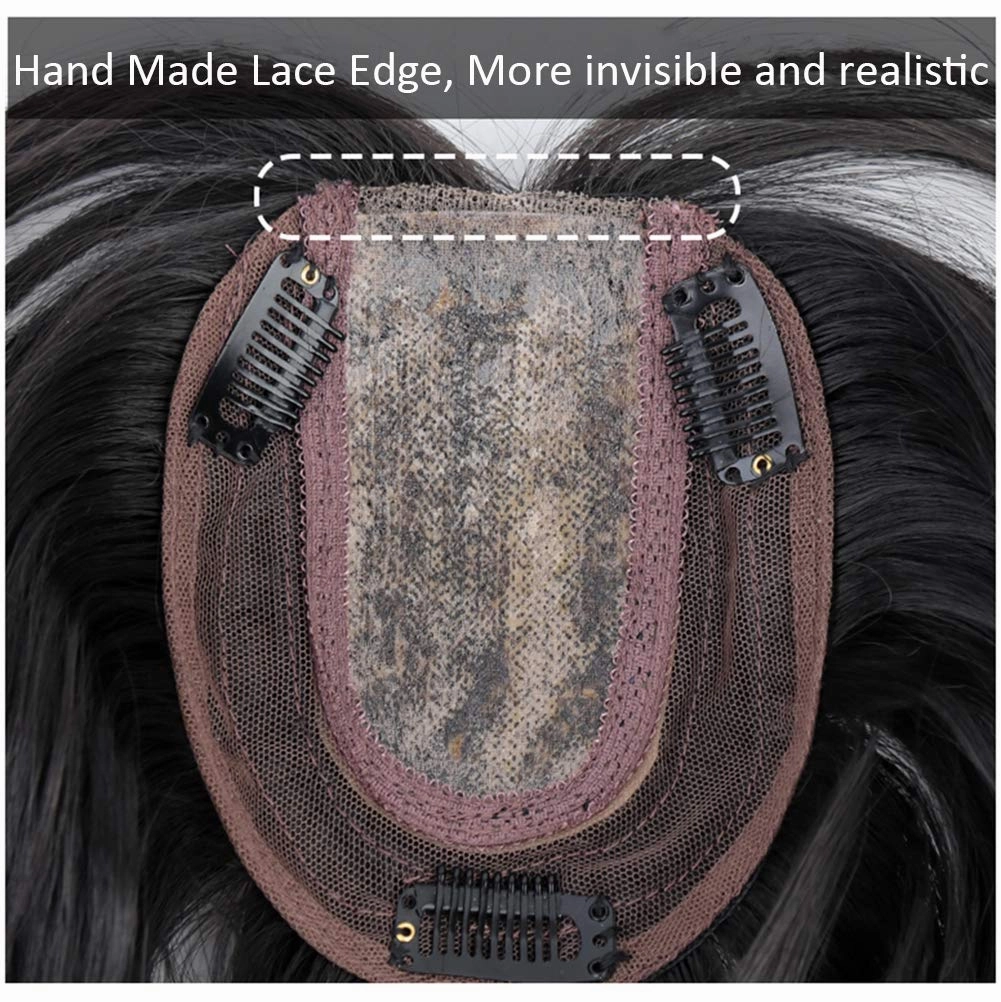 Middle Part Fringe Skin Base Topper 14" French Wavy Style Clip in Hairpiece for Women Forehead Thinning Hair Off Black