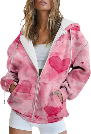 Miyaomn Valentines Day Oversized Hoodies Jacket for Women Cute Love Heart Printed Casual Long Sleeve Full Zip Sweatshirt Tops