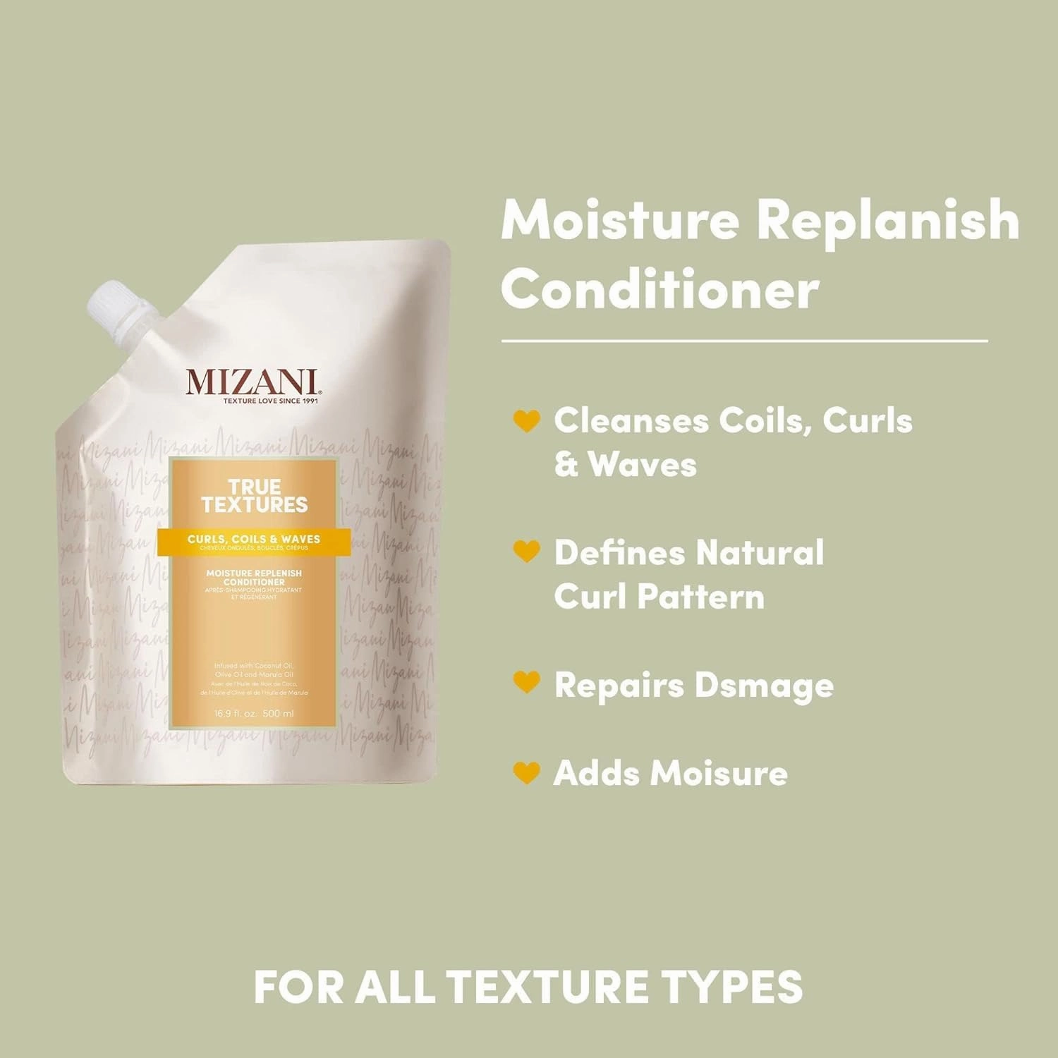 Mizani True Textures Moisture Replenish Conditioner - Moisturizes & Defines Curls, Silicone & Paraben-Free For Curly Hair, 33.8 Fl Oz Liter and 16.9 Fl Oz Refill (Set of 2)
