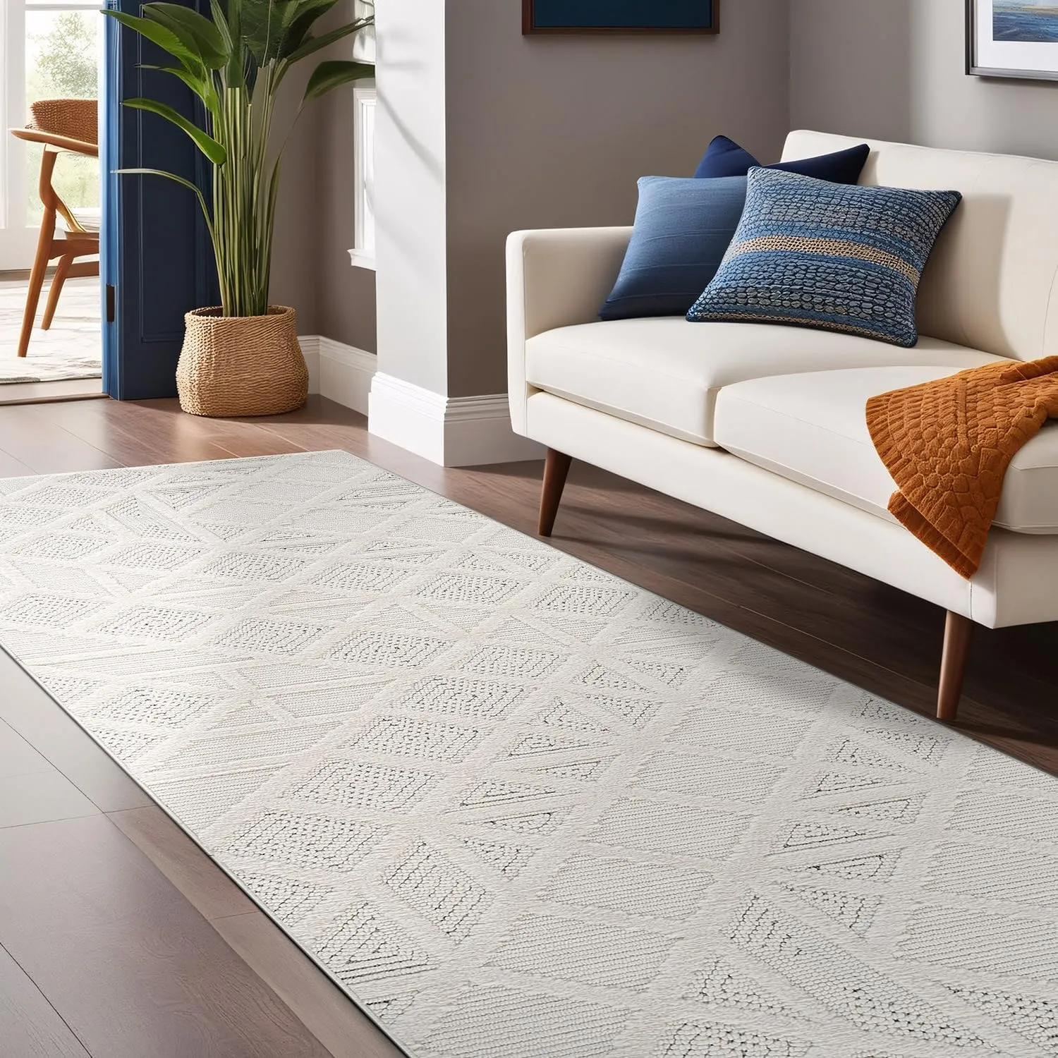 Modern Micro Loop Indoor Runner Rugs for Living Room Bedroom Kitchen Geometric Square White 2x7 Luxury Durable Low and High Pile Non-Shedding Stain Resistant Soft Area Carpet 2 x 7